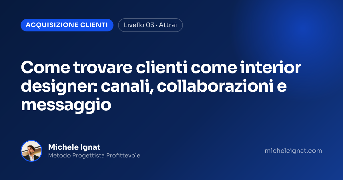 Come trovare clienti come interior designer: canali, collaborazioni e messaggio — copertina dell'articolo di Michele Ignat per architetti e interior designer