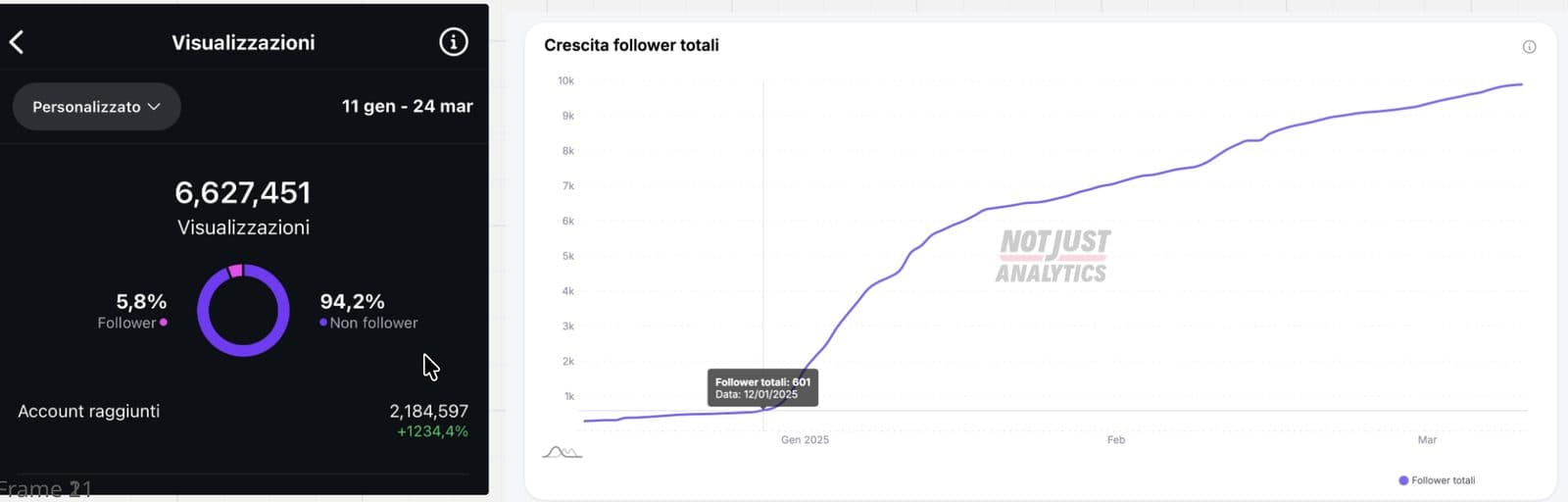 Statistiche Instagram: 6.627.451 visualizzazioni dall'11 gennaio al 24 marzo 2025 e grafico di crescita dei follower a partire da 601