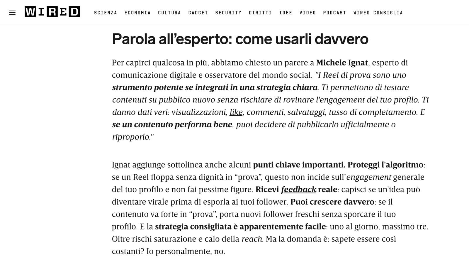 Estratto dell'articolo di Wired Italia in cui Michele Ignat è citato come esperto di comunicazione digitale e osservatore del mondo social